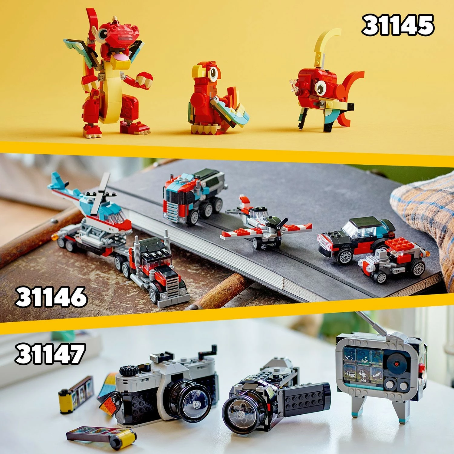Set za gradnjo LEGO Creator 3 v 1, tovornjak s platformo in helikopter, 270 kosov, večbarven