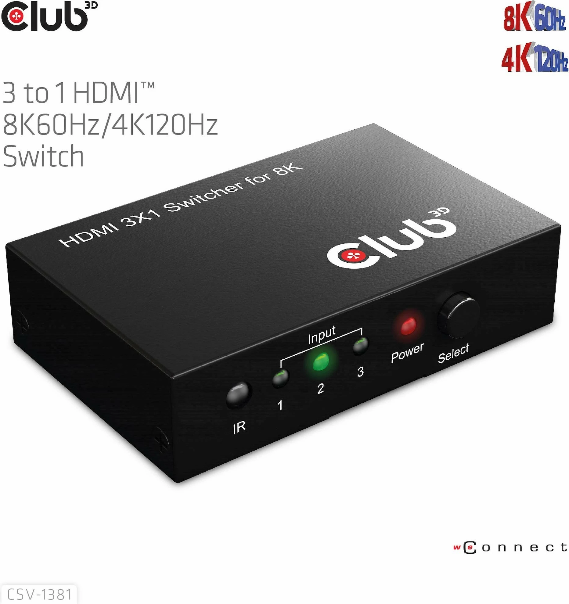 HDMI stikalo Club3D CSV-1381, 3 v 1, 8K60Hz, z daljinskim, črno