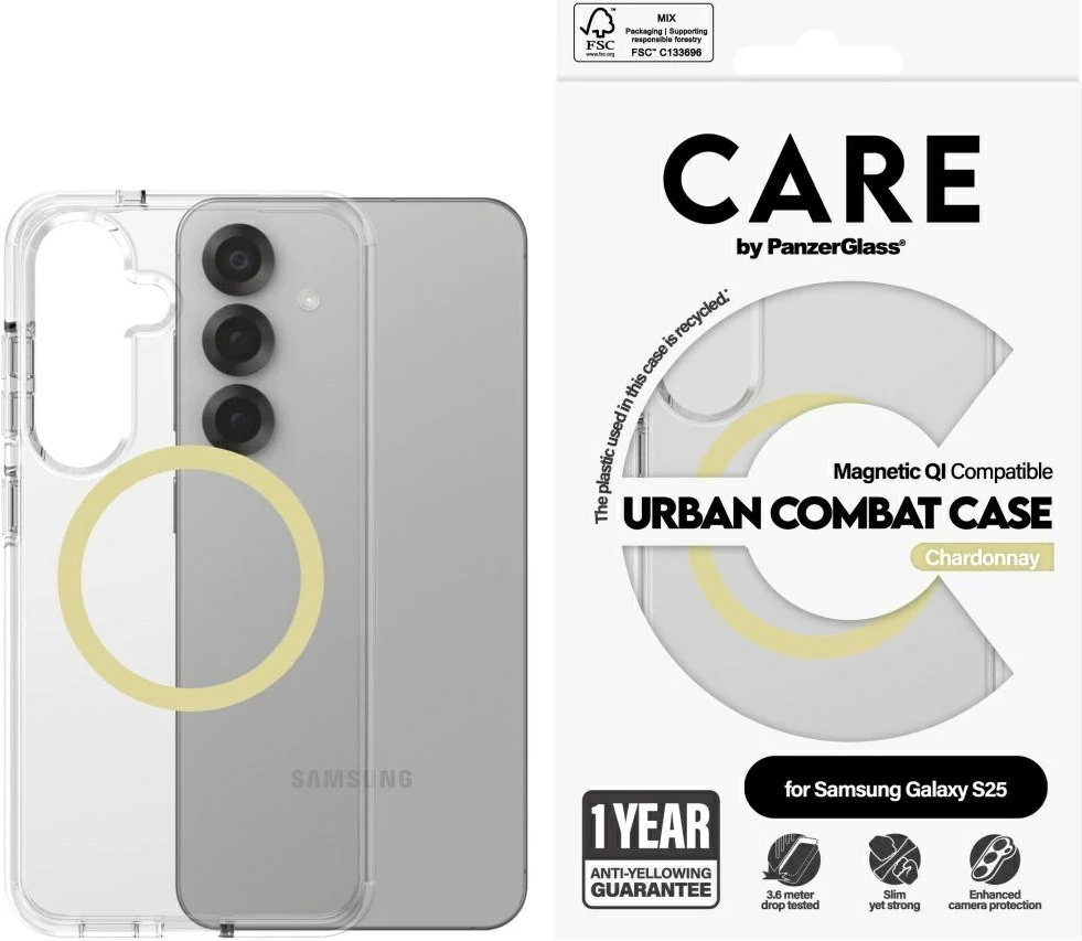 Ovitek za telefon PanzerGlass CARE Urban Combat Chardonnay za Samsung Galaxy S25, prozoren