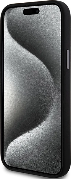 Ovitek za telefon iz tekočega silikona z metalnim logotipom za iPhone 15 Plus / 14 Plus, DKNY, črn