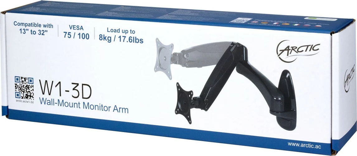 Ergonomski nosilec za zaslon ARCTIC W1-3D, Gas Lift Technology, 8 kg, 13–32", črn