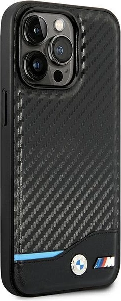 Ovitek iz usnja s karbonsko tkanino, BMW, za iPhone 14 Pro 6,1\" , črn