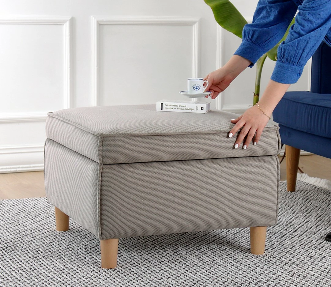 Puf, 100% bombaž, noge iz jesenovega lesa, s prostorom za shranjevanje, rjav — Atelier del Sofa, Roscen