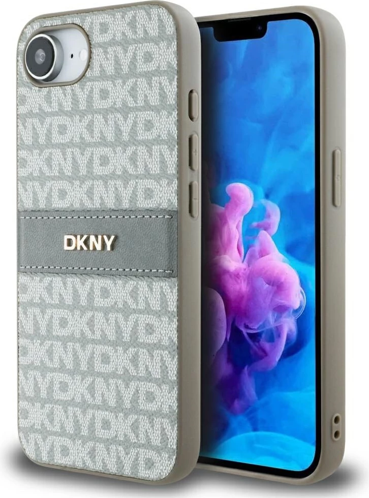 Zaščitni ovitek z vzorcem DKNY Repeat Texture in kovinskim logotipom za iPhone 16e, bež