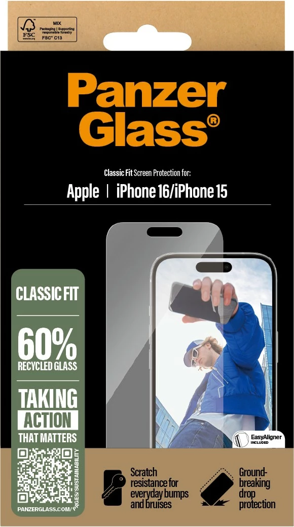 Mrežica za zaslon PanzerGlass za iPhone 16, Classic Fit, prozorna