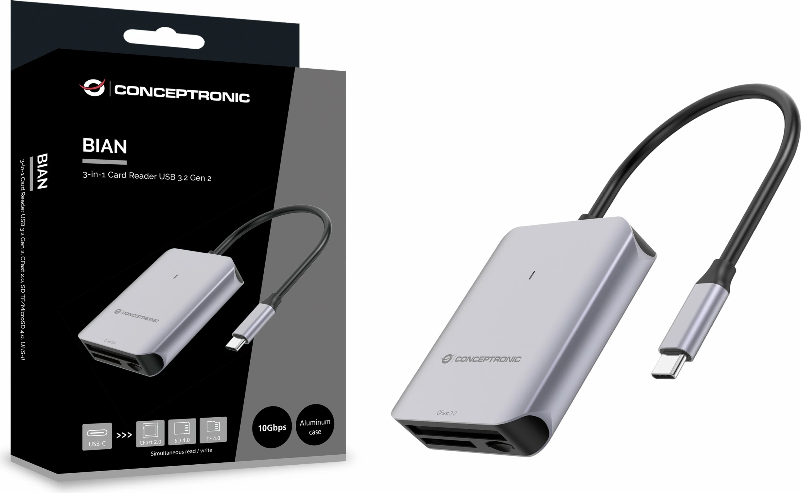 Bralnik kartic USB-C 3.2, SD/TF 4.0/CFast 2.0, črn Conceptronic