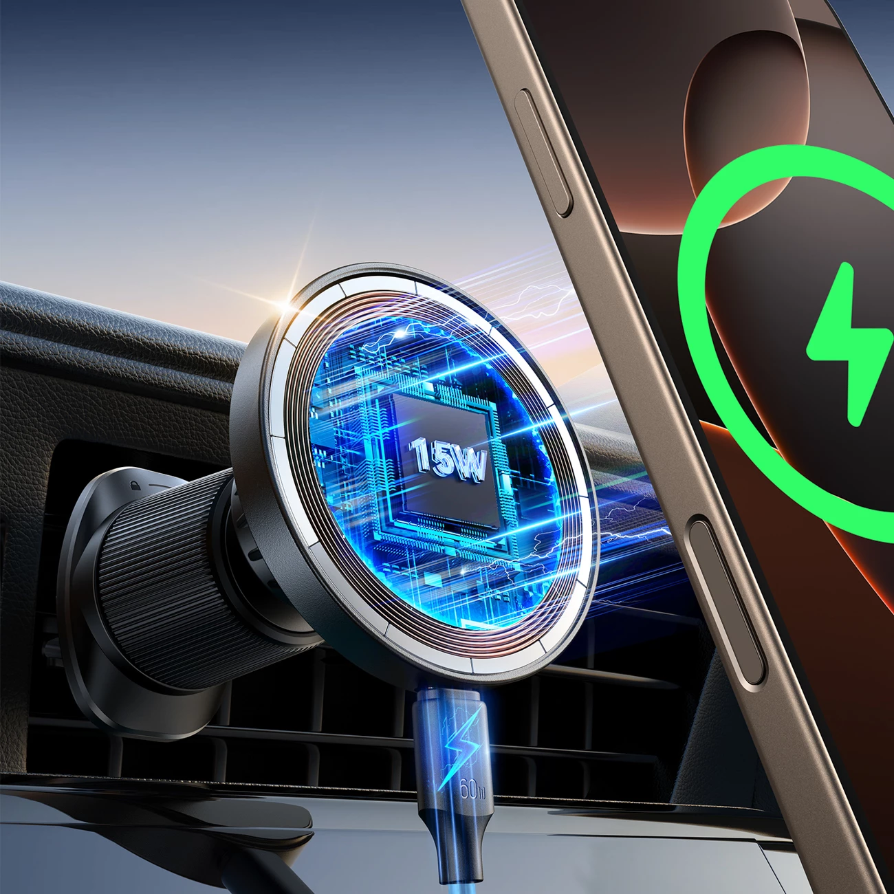 Magnetni nosilec z brezžičnim polnjenjem 15W Joyroom JR-ZS502, črn