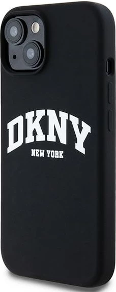 Ovitek za telefon iz tekočega silikona, DKNY, z belim logotipom, MagSafe, za iPhone 15 Plus / 14 Plus, črn