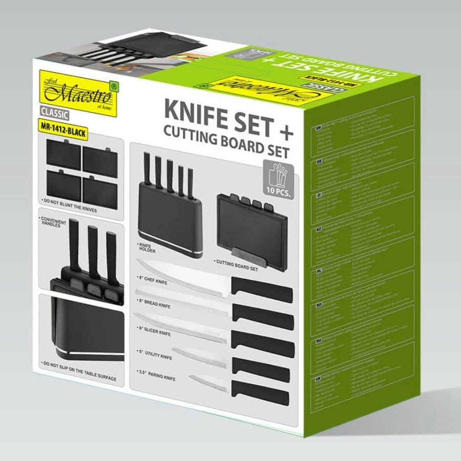 Komplet nožev z magnetnim držalom in deskami za rezanje, Feel-Maestro MR-1412-BLACK, 10-delni, magnetni blok + podstavek za deske, primeren za pomivalni stroj, črn