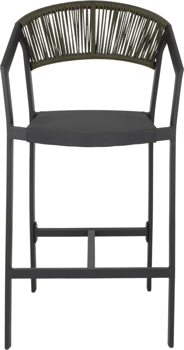 Barski stol iz aluminija v antracitni barvi z nasloni za roke - PE ratan olivno zelene barve - tekstil 56x58x105H cm. FH5892.04