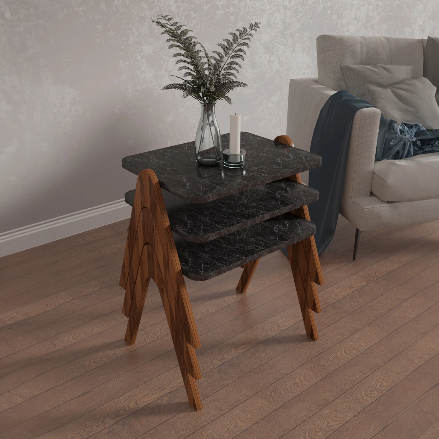 Pomožne mize 3-delni set REACHER FH18176.02 melamin v orehu-črni marmor vrh 40x30x40Hcm