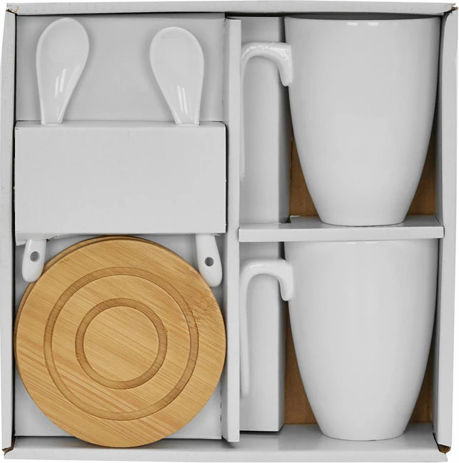 Komplet skodelic, 2 kosa, bel porcelan, naravni bambus, 22x22x8 cm Curve