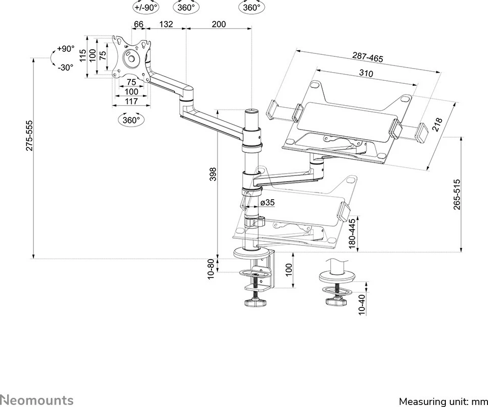 Nagibno ročno držalo za mizo za monitor in prenosnik, Neomounts DS20-425BL2, 27", črno