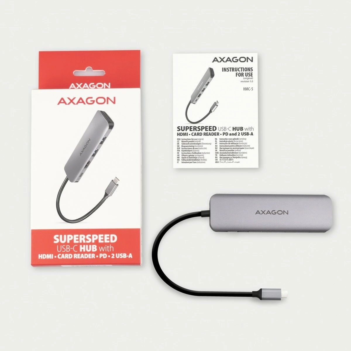 Multiport adapter AXAGON HMC-5, 5 vrat, USB-C, HDMI 4K, SD/microSD, Power Delivery 100W, 20cm, črno/siv