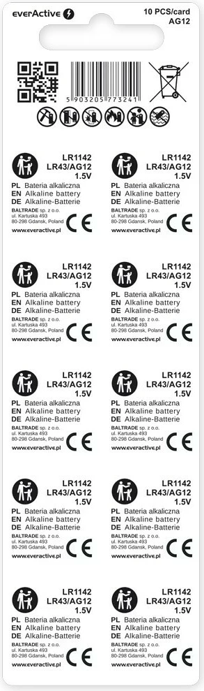 Mini alkalne baterije AG12 LR43, 1,5 V, paket 10 kosov, everActive