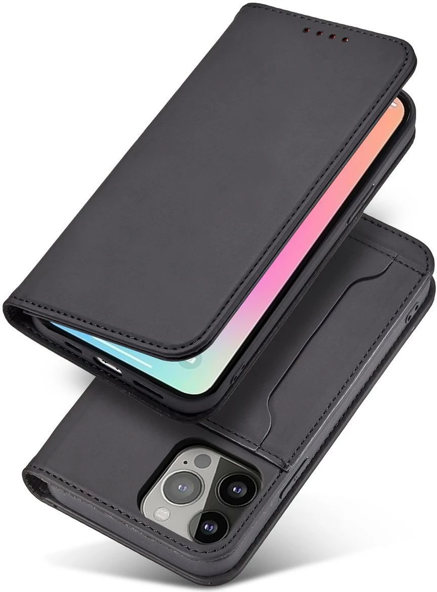 Ovitek za telefon z magnetno denarnico in nosilcem Hurtel Magnet Card Case za iPhone 13 Pro, črn