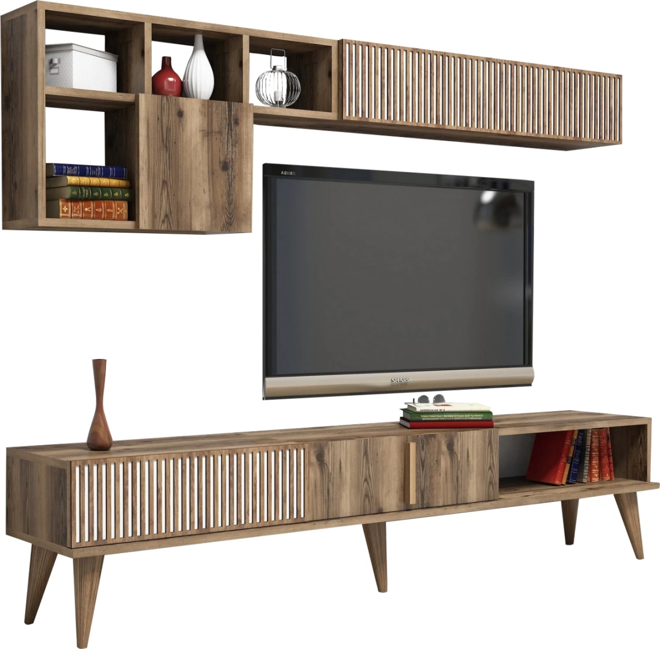 Komplet pohištva za TV FH9438.02 iz melamina v barvi oreha-bela 180x35x40Hcm