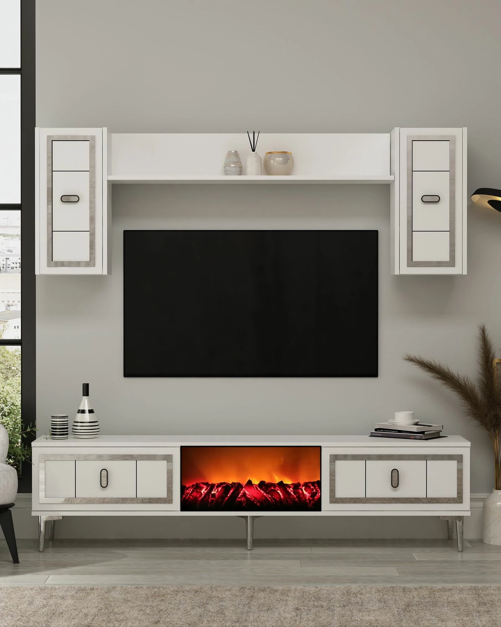 TV enota Skye Decor, kamin Orion - bela, srebrna