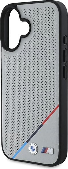 Perforiran ovitek MagSafe z trikobarvnimi črtami serije BMW M za iPhone 16, siv