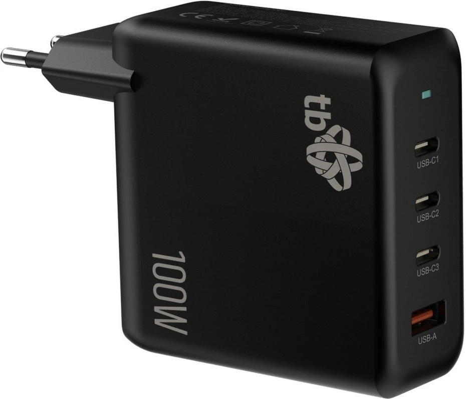 Omrežni polnilec, 3x USB Type-C + 1x USB-A, GaN, 100W, TB AZTBXULUSB100WB, črn