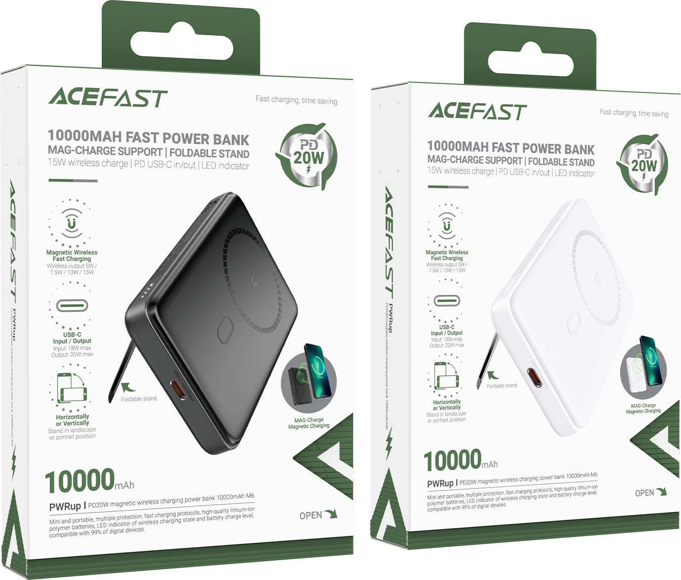 Powerbank 10.000 mAh Acefast M6, 20W, brezžično polnjenje, z kablom, bel