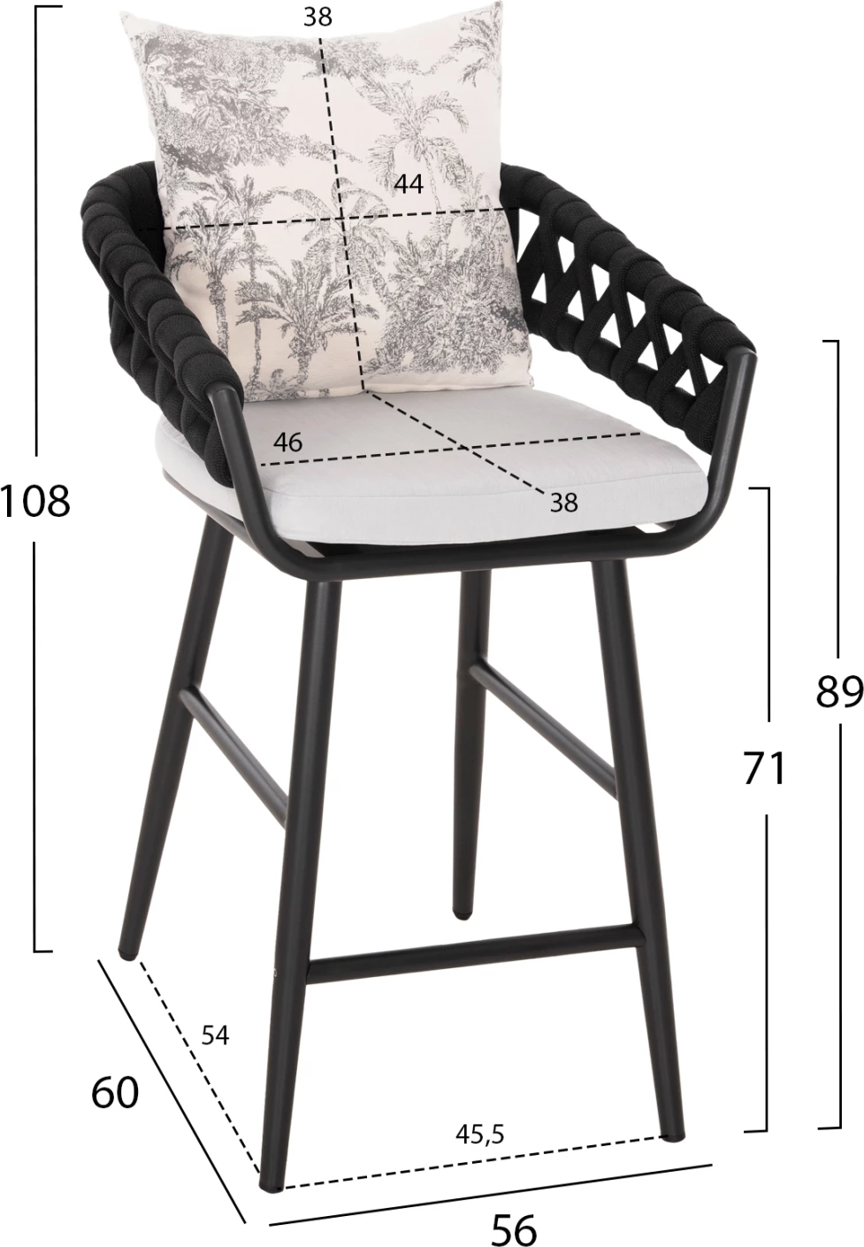 Barski stol aluminij CAMDEN FH6142.01 antracit z ecru hrbtnim vzglavnikom s tiskanim vzorcem 56x60x108Hcm