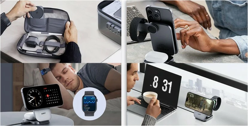 Brezžični 3-v-1 polnilec AUKEY LC-MC312 MagSafe Qi2, 15W + PD 30W, siv, s torbico za prenašanje