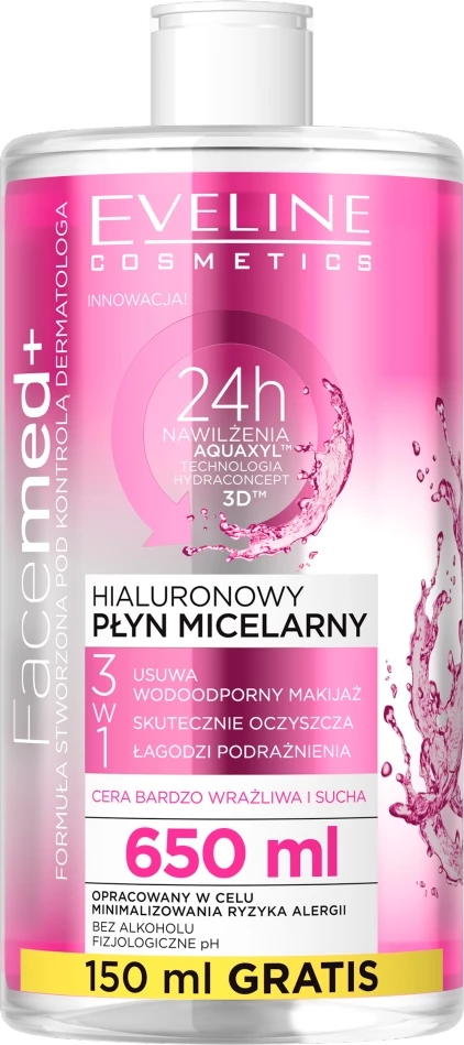 Micelarna voda 3-v-1 z hialuronom Eveline Cosmetics Facemed+, 650 ml