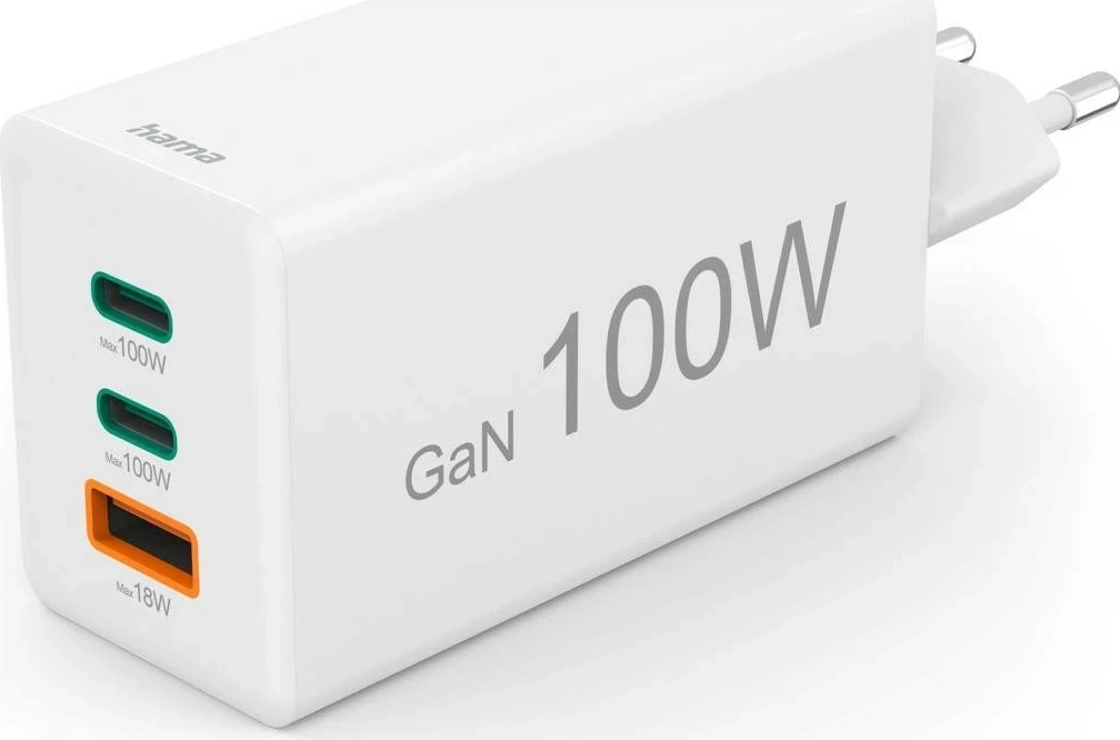 Močilen polnilec 100W Hama, mini GaN, 2x USB-C, 1x USB-A, bel