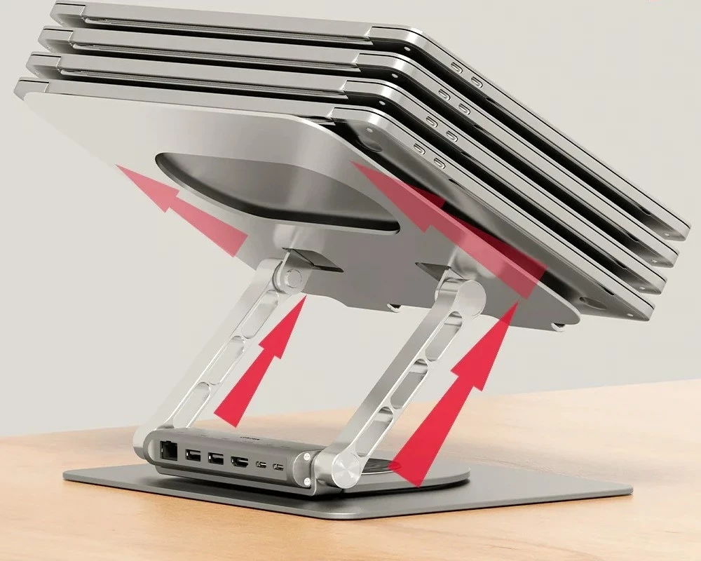 Nastavljivo stojalo za prenosnik z USB-C HDMI razdelilnikom Unitek D1109B01, PD 100W, aluminij