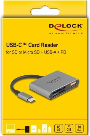 Bralnik kartic SD/MicroSD, USB 10Gbps, USB-A, USB-C PD 85W, DeLOCK, siv