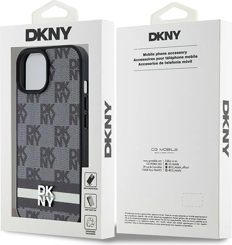 Ovitek za telefon z usnjem, karo vzorcem in natisnjenimi črtami DKNY za iPhone 15/14/13, črn