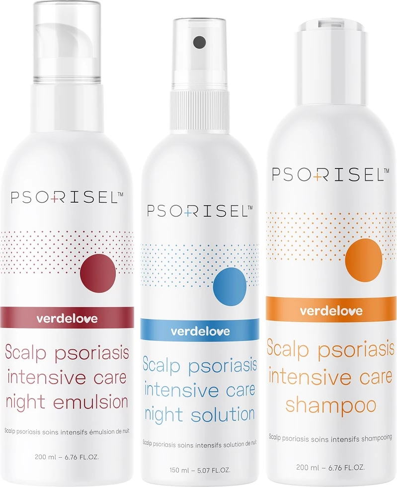 Set za lasišče (šampon, emulzija, tekočina) Psorisel za psoriazo, 200 ml + 200 ml + 150 ml
