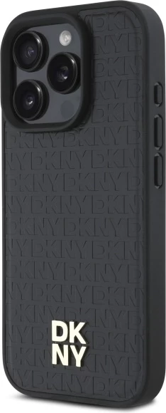 Ovitek za iPhone 16 Pro z MagSafe in reliefnim logotipom, DKNY Repeat Pattern Stack, črn