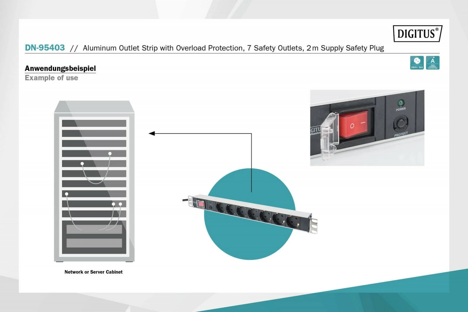 Rack vtičnica, 7x Schuko, 1U, 2 m, zaščita pred preobremenitvijo, črno/srebrna — Digitus DN-95403