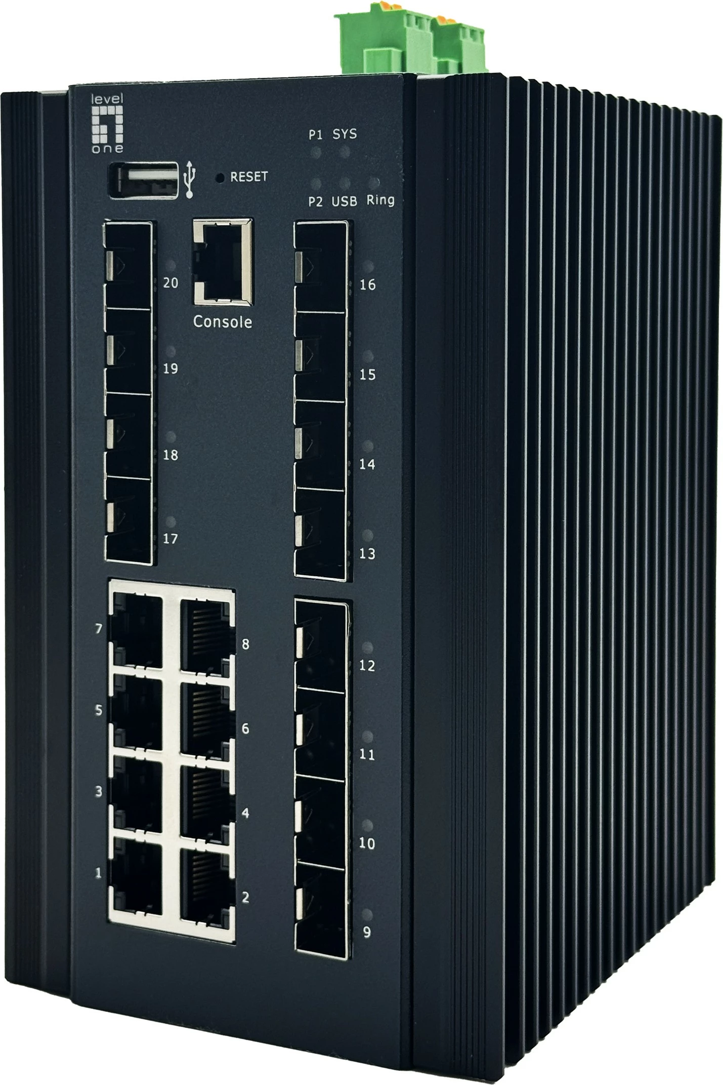 Industrijski preklopnik LevelOne IGX-2072, 20 vrat, L2+ upravljan, 8x RJ45, 8x SFP, 4x SFP+, DIN-rail, črn