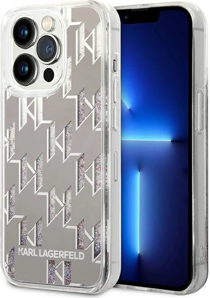 Ovitek za iPhone 14 Pro Max 6,7", trd ovitek, monogram s tekočimi bleščicami, Karl Lagerfeld KLHCP14XLMNMS, srebrn