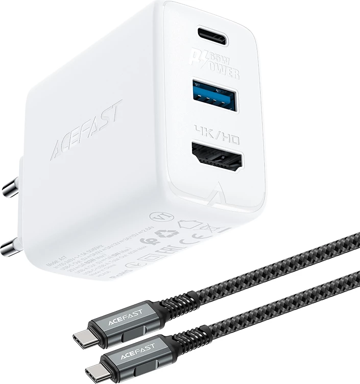2-v-1 polnilec, 65 W, USB Type-C/USB-A, HDMI 4K, z vključenim kablom, Acefast A17, bel