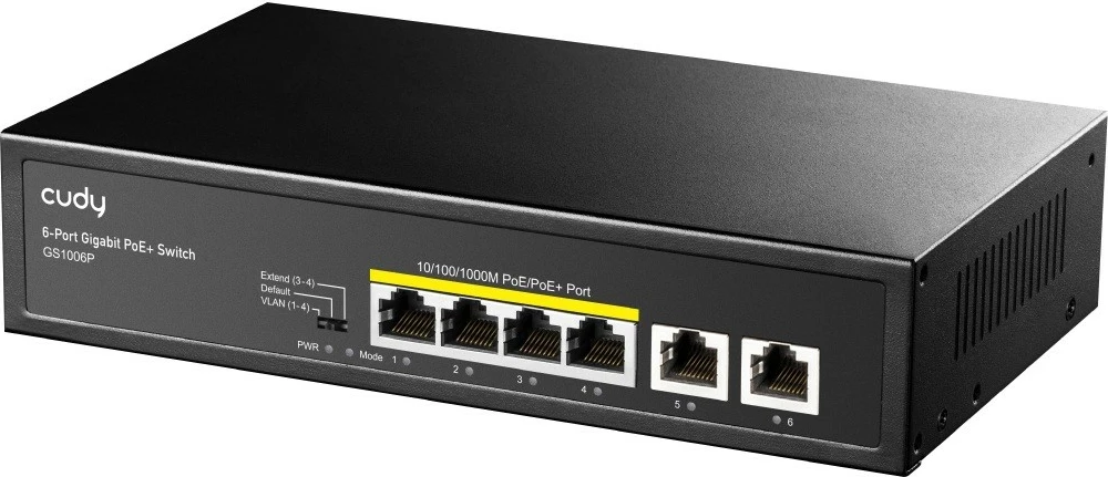Stikalo PoE+ 6 vrat Gigabit (4 PoE + 2 uplink), napajanje 65 W, Cudy GS1006P, za rack