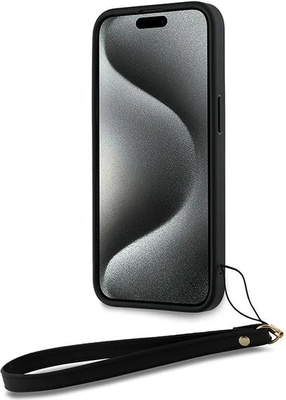 Ovitek za telefon z zapestnim trakom DKNY Stock Logo za iPhone 15 Pro Max, črn