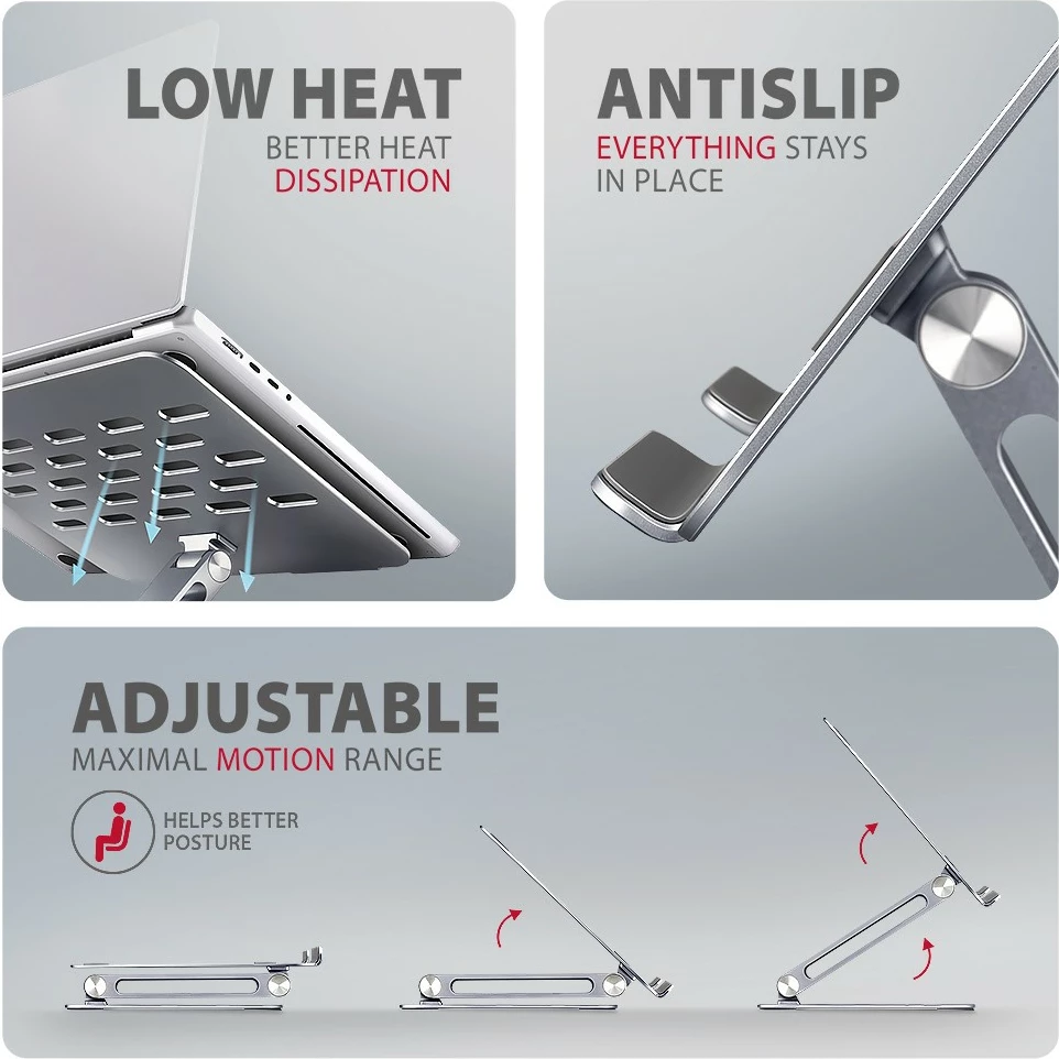 Nastavljiv aluminijast nosilec za prenosnik 10–16", AXAGON STND-LQ, siv