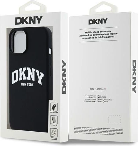 Ovitek za telefon iz tekočega silikona, DKNY, z belim logotipom, MagSafe, za iPhone 15 Plus / 14 Plus, črn