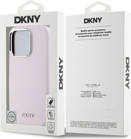 Ovitek iz tekočega silicija DKNY z majhnim kovinskim logotipom MagSafe za iPhone 16 Pro, rožnat