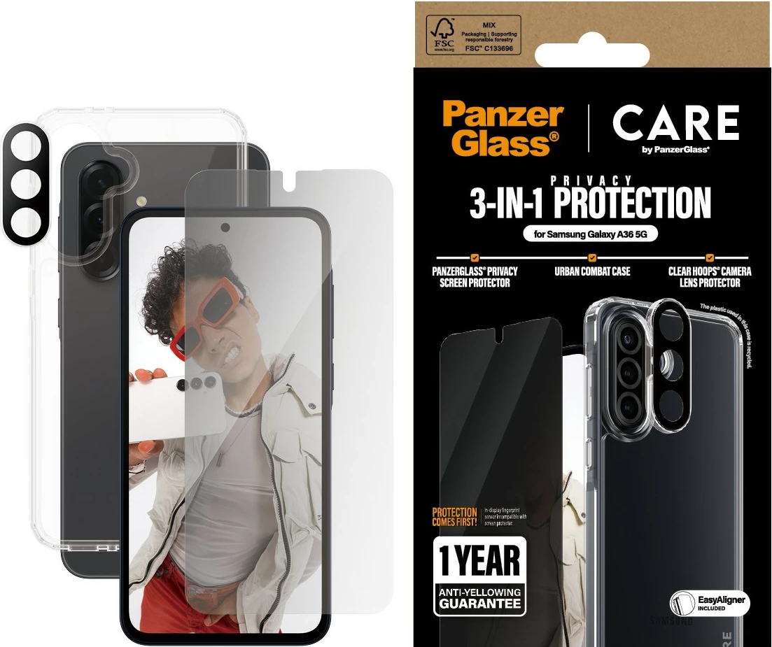 Množična zaščita 3-v-1 za Samsung Galaxy A36 5G, prozorna - PanzerGlass CARE Flagship