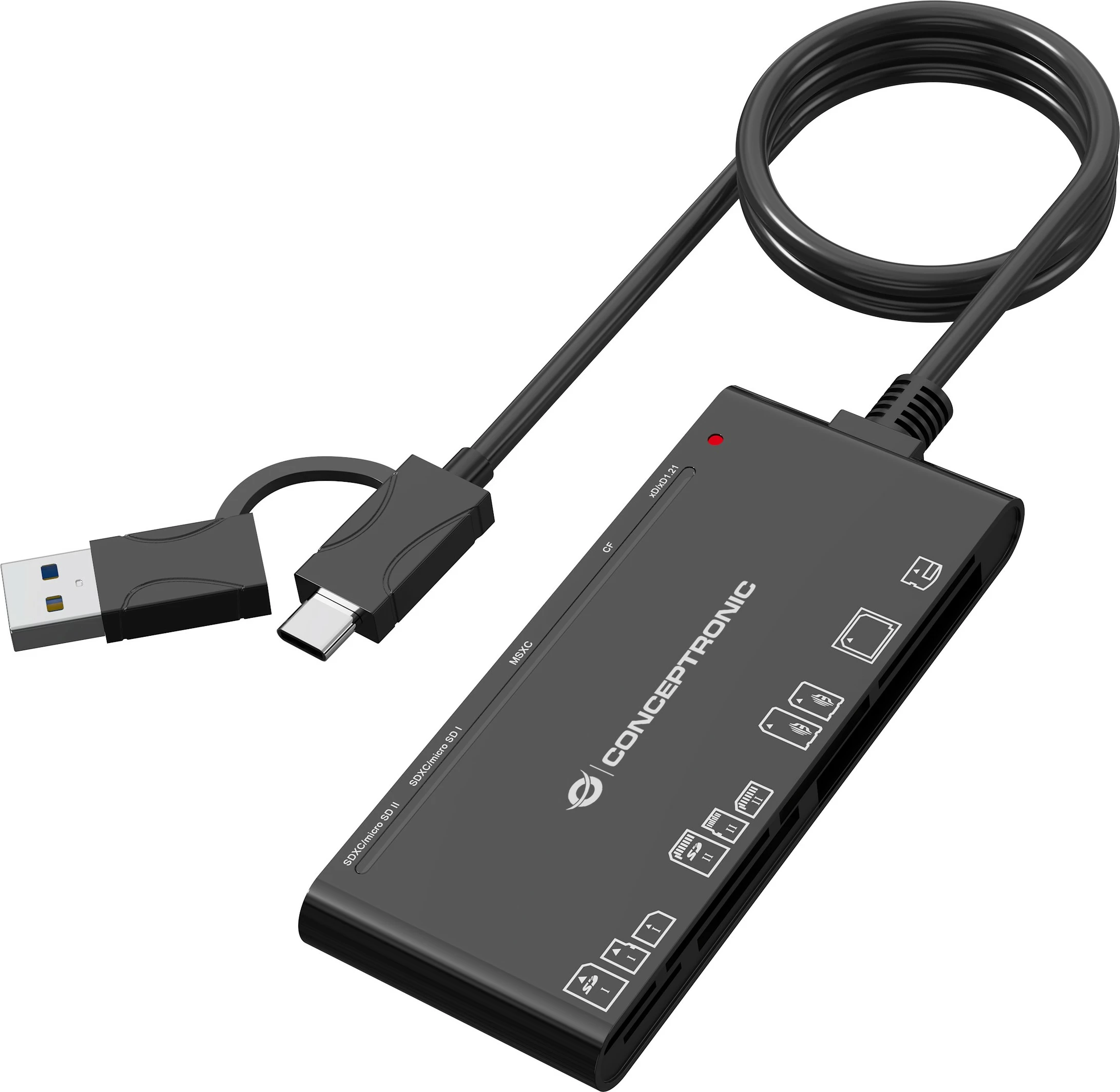 Bralnik kartic 7-v-1, USB-A/USB-C, črn Conceptronic