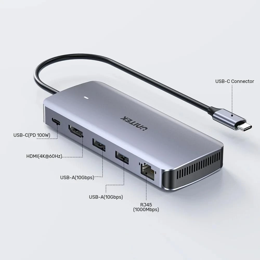 USB-C hub UNITEK Active, 10 Gbit/s, M.2, HDMI, Power Delivery 100 W, siv