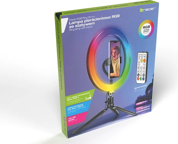 LED obročna luč 26 cm s stojalom, RGB, z daljinskim upravljalnikom — Tracer TRAOSW46807, črna