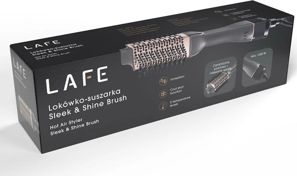 Krtača sušilnik in kodralnik Lafe Sleek & Shine Brush LAFLOK47460, 1200 W, 3 temperature, 2 hitrosti, ionizacija, Cool shot, črno/peščeno rožnata