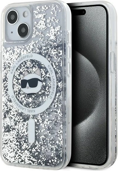 Ovitek z tekočimi bleščicami Choupette MagSafe za iPhone 15 Plus / 14 Plus, prozoren, Karl Lagerfeld