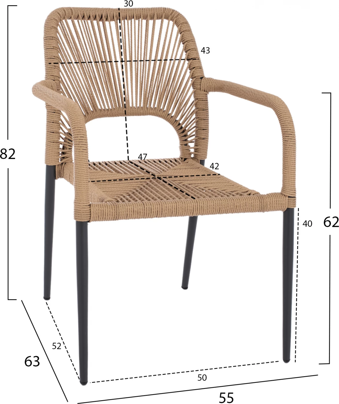 Jedilni set 3 kosi oglje miza 80x80 in naslanjač z vrvjo FH11537.02